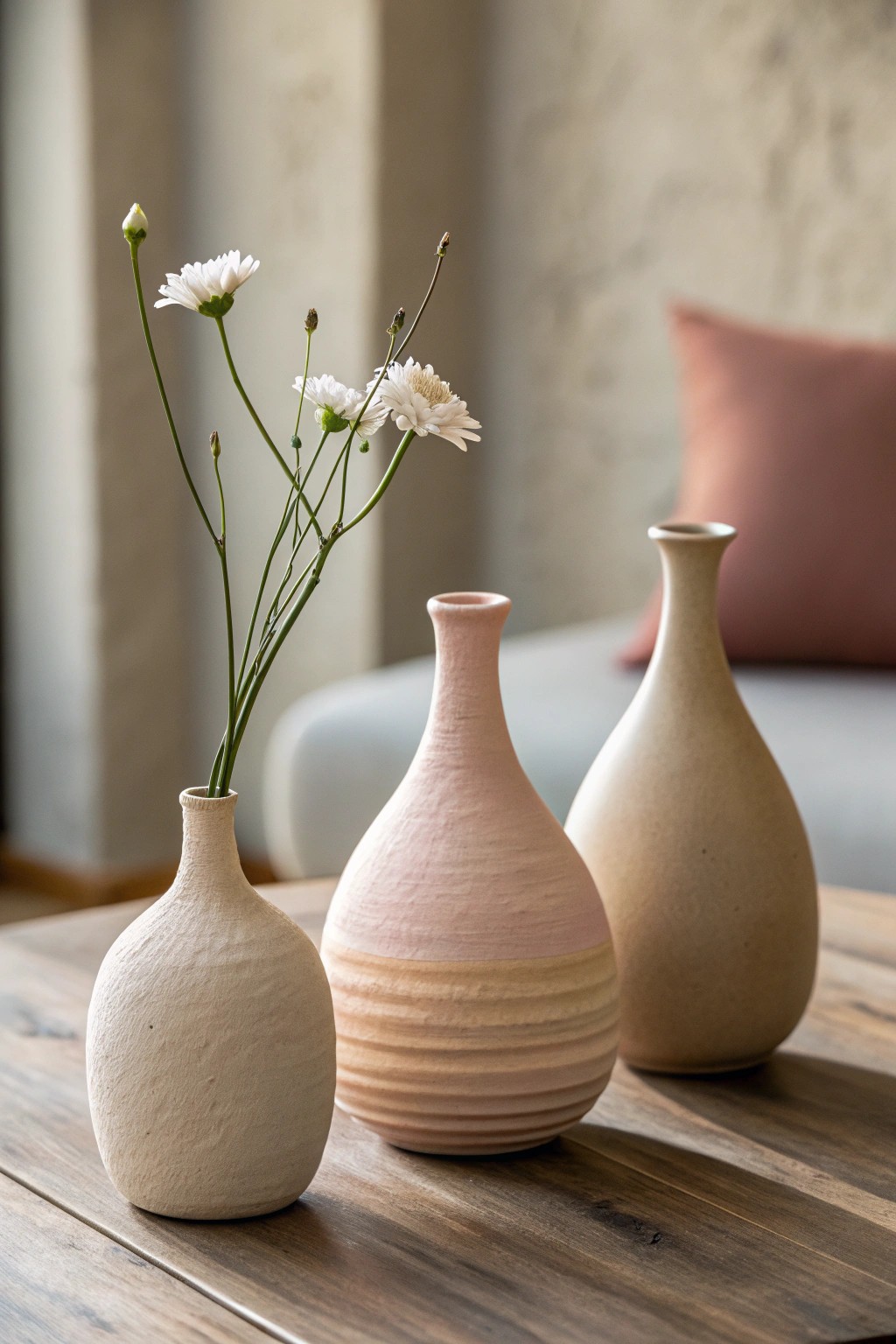 Modern trio: simple ceramic vases with single stems—effortless elegance for your table.