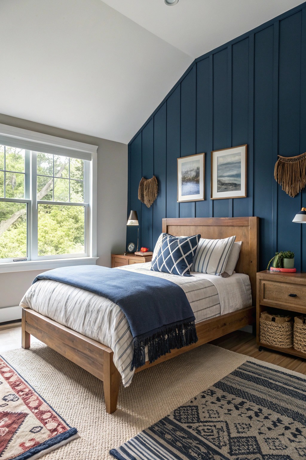 A striking blue accent wall adds depth and personality to a teen’s space.