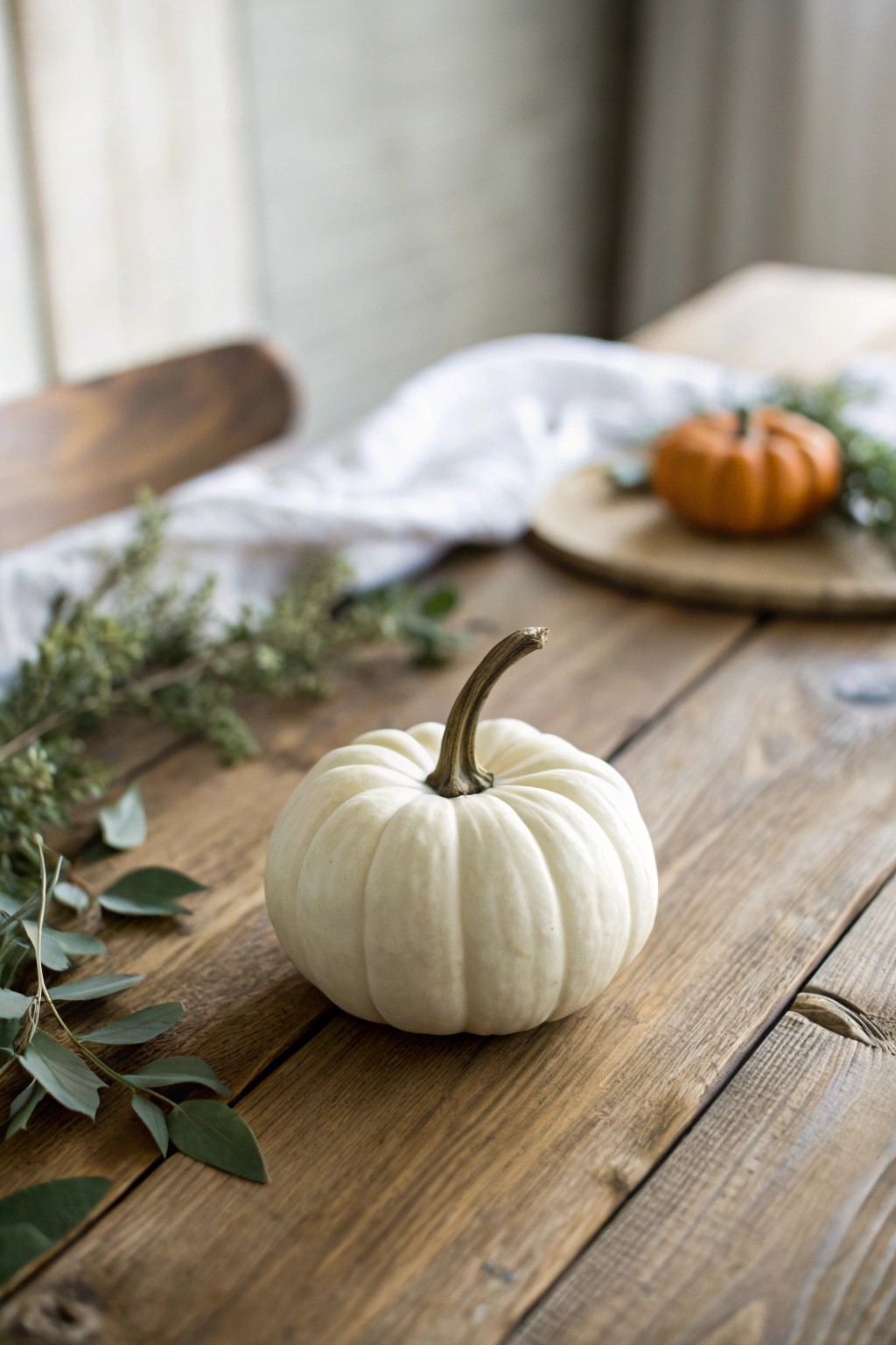 Chic simplicity: a single mini pumpkin sets the tone for effortless Thanksgiving elegance.