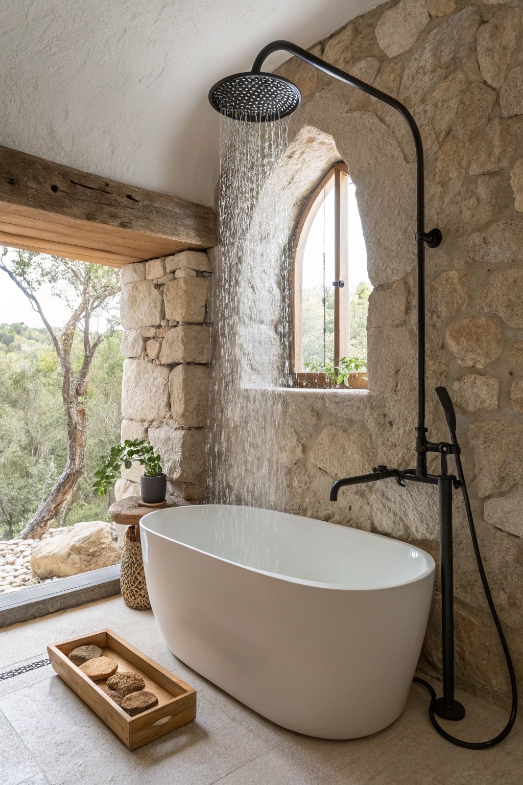Effortless luxury: An alcove tub with a rain shower for compact, calming spaces.