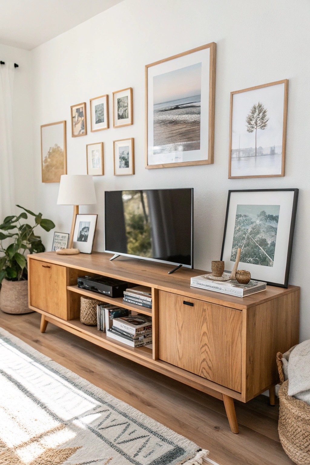 Elevate your TV area with layered art and frames—effortless style meets natural charm.