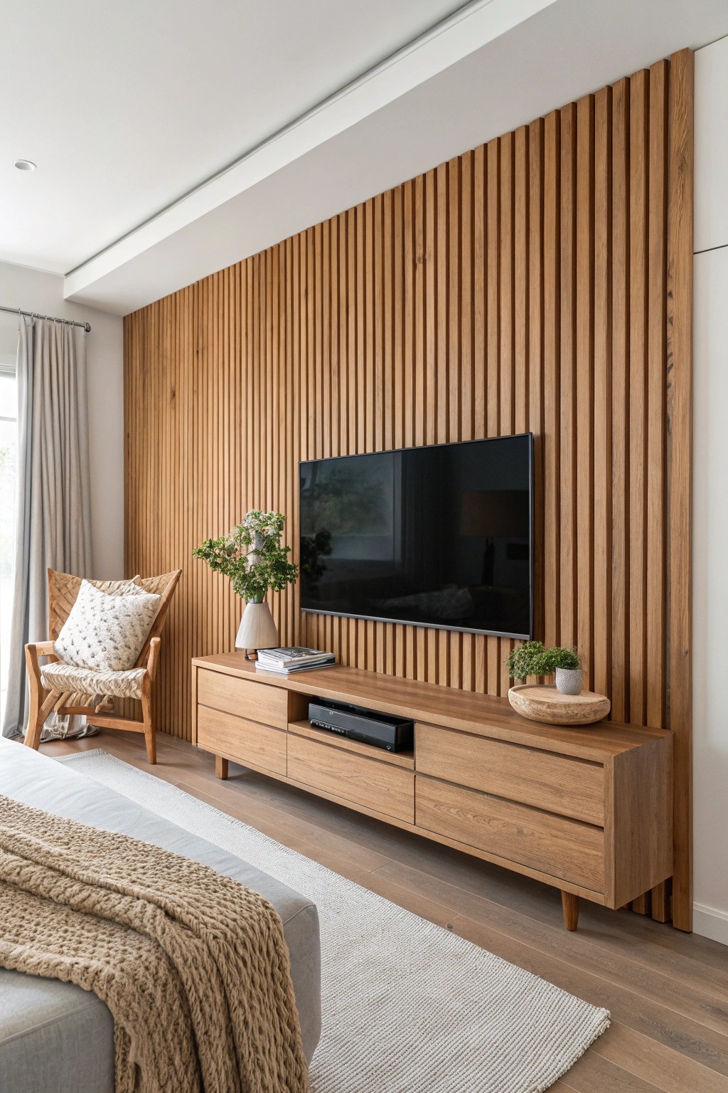Bring cozy, crafted warmth to your space with a stunning wood slat TV wall.