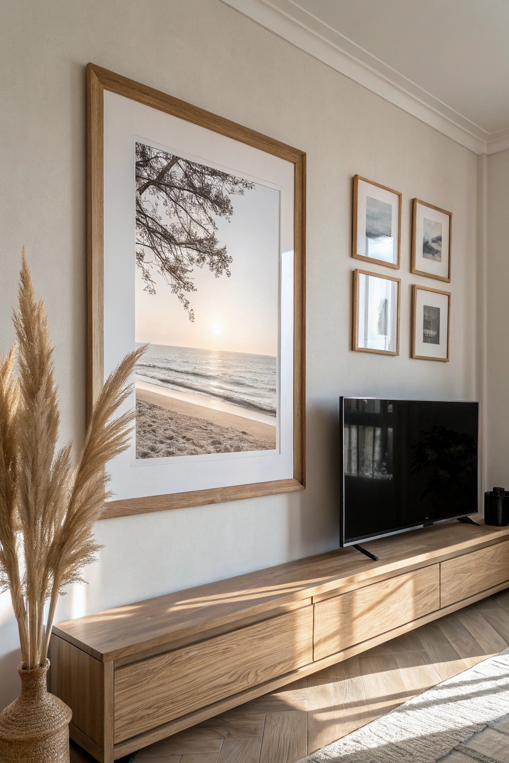Artfully hidden: A handcrafted frame conceals the TV, blending technology with natural beauty.