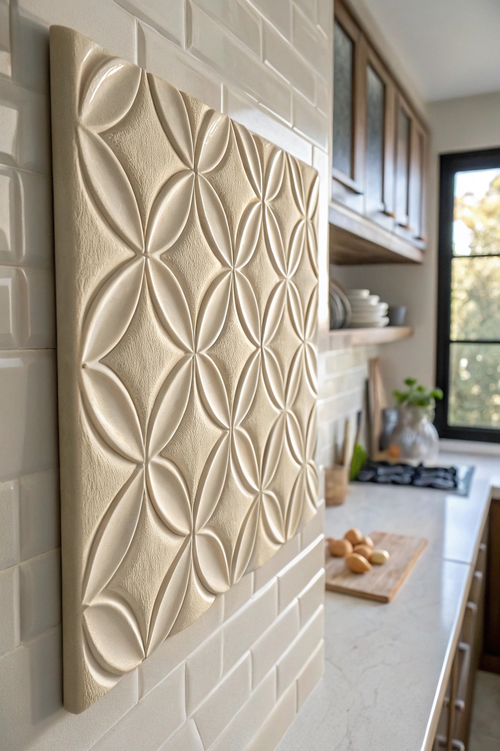 Elevate your kitchen with the sculptural beauty of 3D textured tiles.