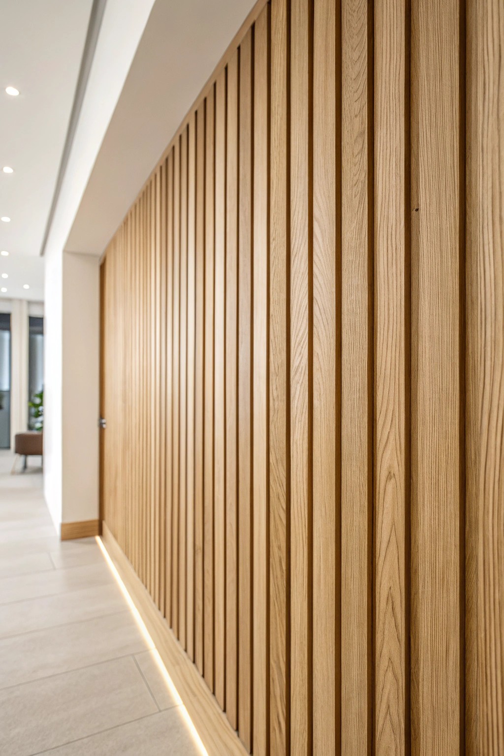Scandinavian-inspired oak wood slat paneling—natural texture for timeless wall design.