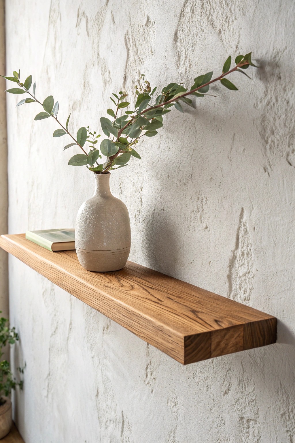 Effortless elegance: a floating shelf showcases natural beauty and timeless simplicity.