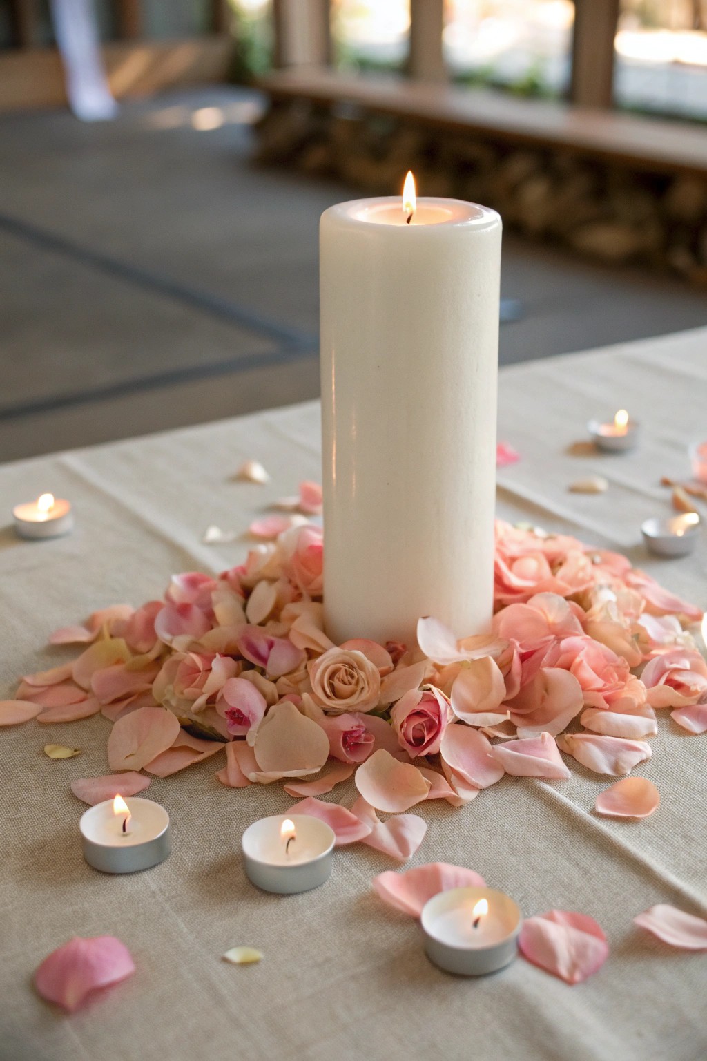 Create romance with candlelit clusters and petals for your wedding centerpiece.