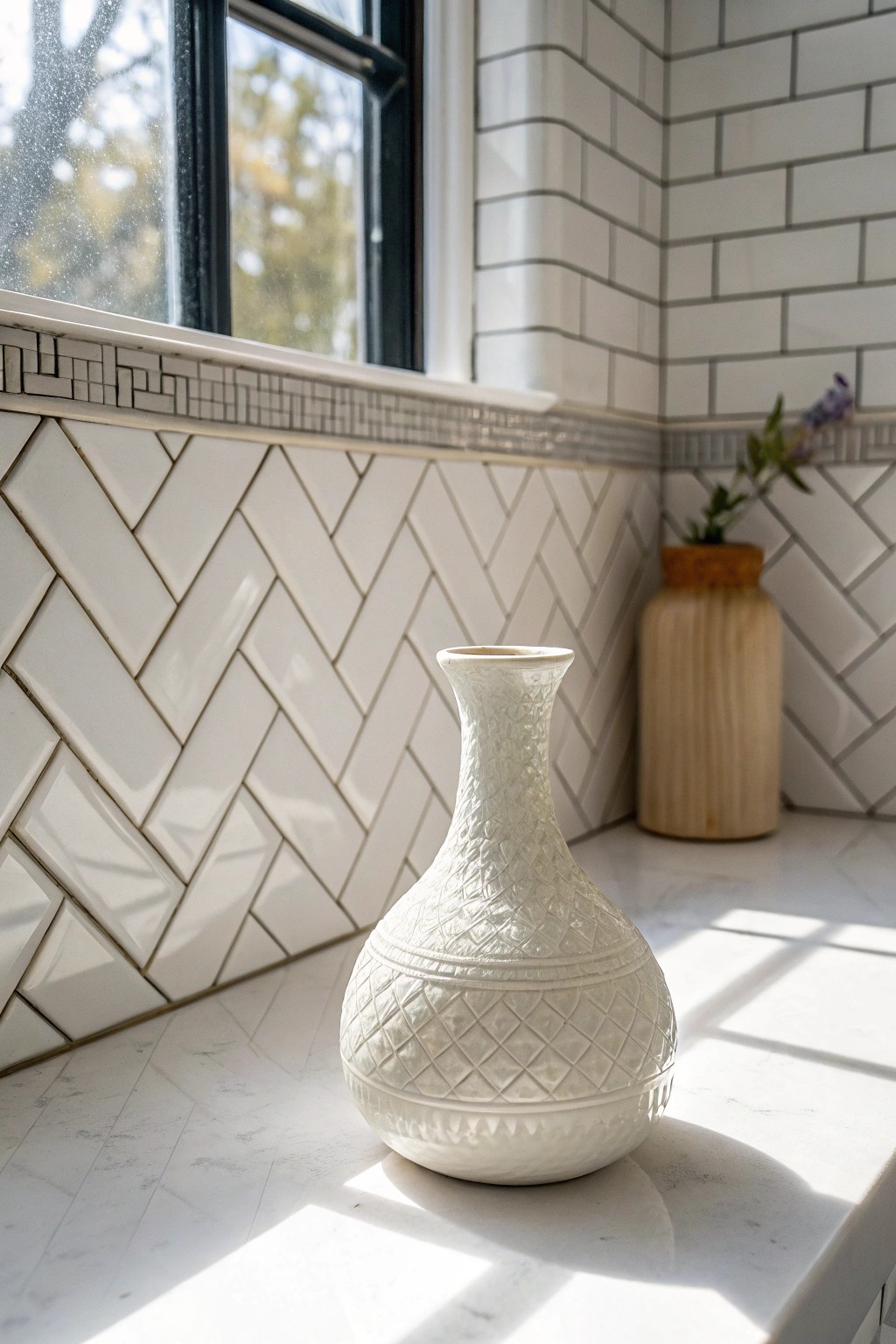 Elegant textures: Layered white tiles bring depth and artistry to serene bathroom spaces.