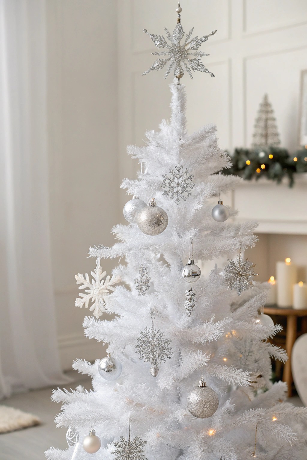 Effortless elegance: White Christmas tree adorned with silver and crystal for a sparkling, wintry touch.