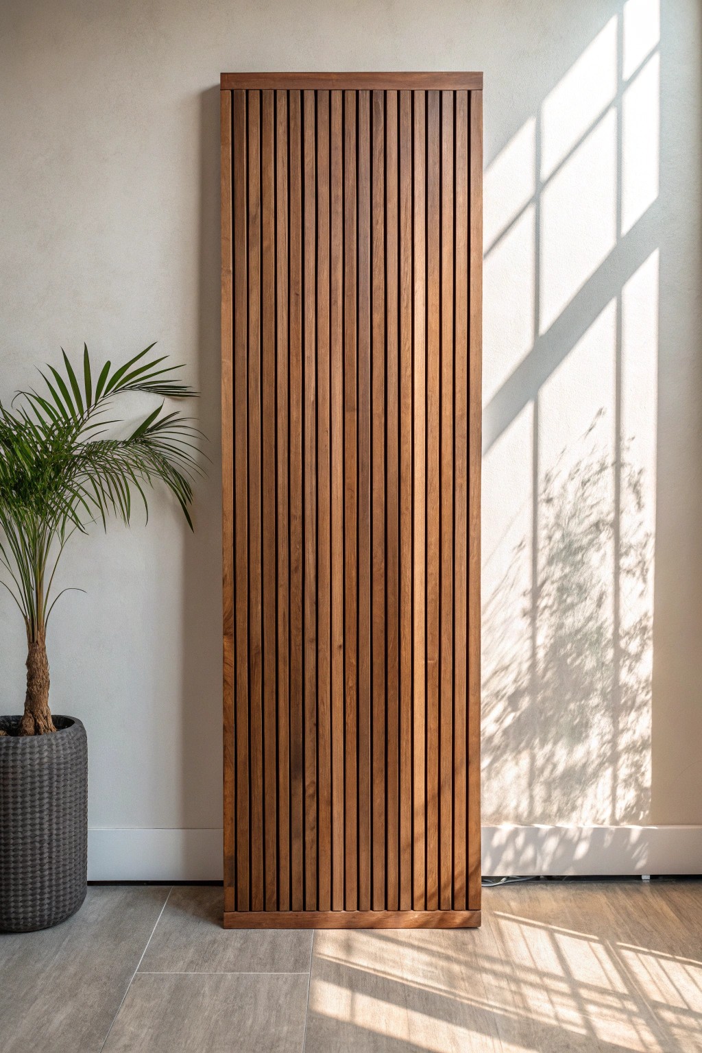 Elevate your space with the modern elegance of vertical walnut wood slats.