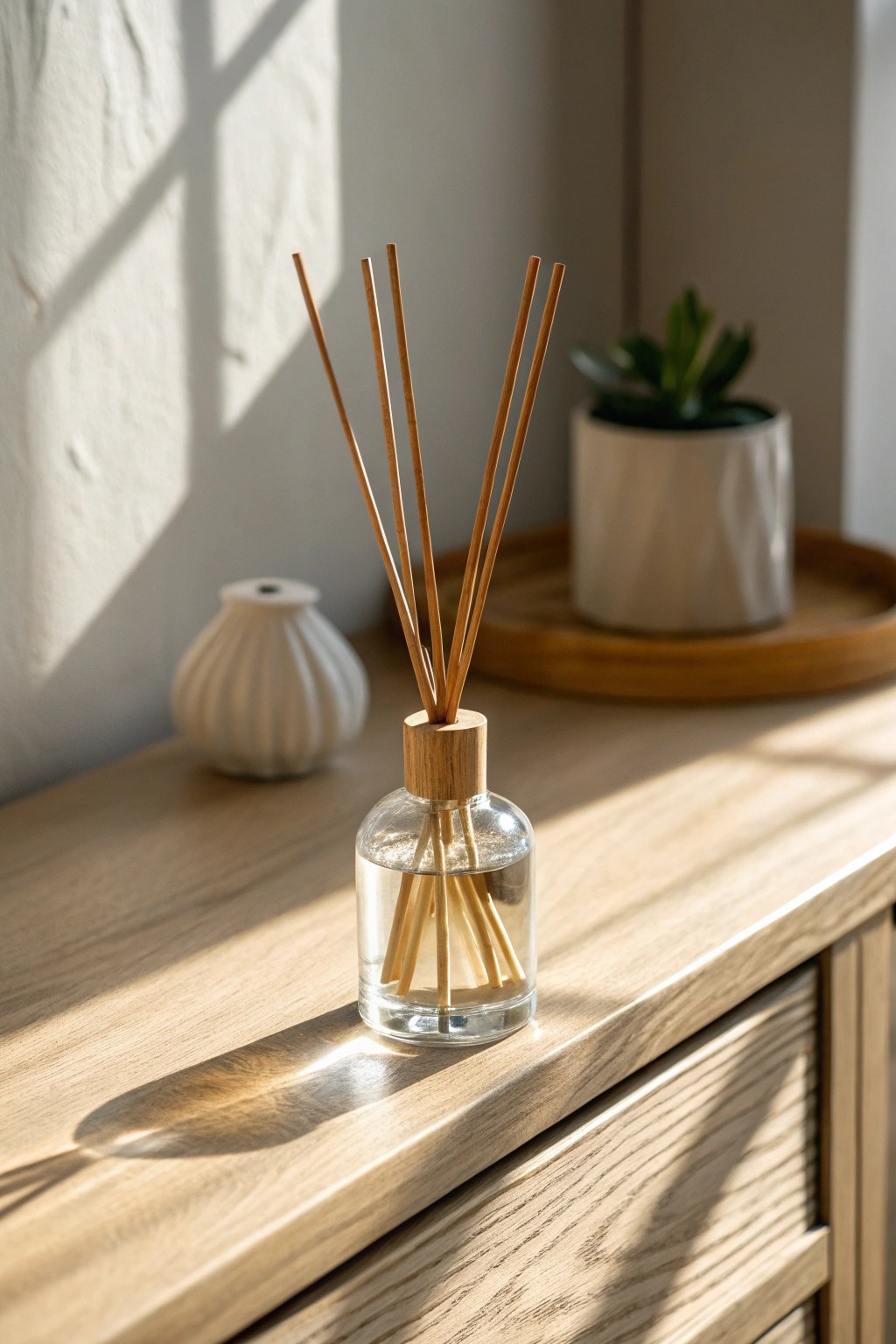 Set the mood with a beautifully simple glass diffuser—elevate your dresser with natural elegance.