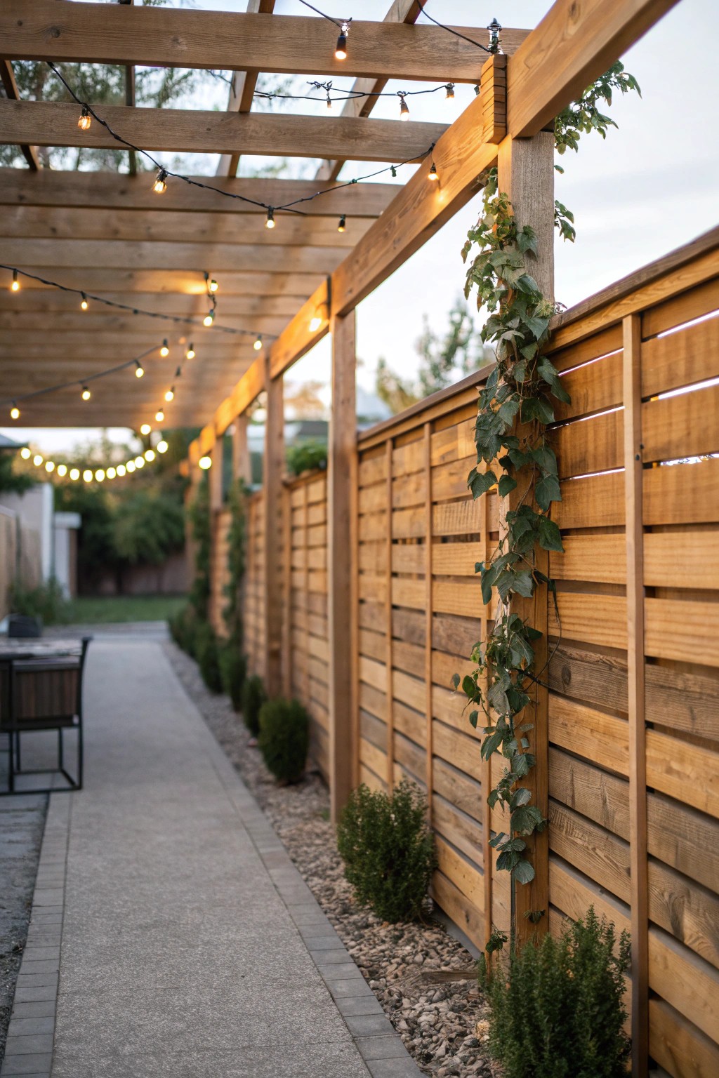 Elevate your outdoor space with a sleek horizontal fence and pergola—where craftsmanship meets cozy charm.
