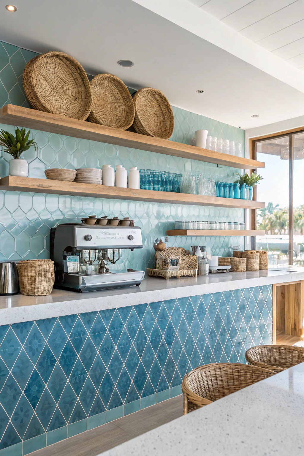Start your mornings with a touch of coastal charm—a serene coffee bar with blue tile and natural textures.