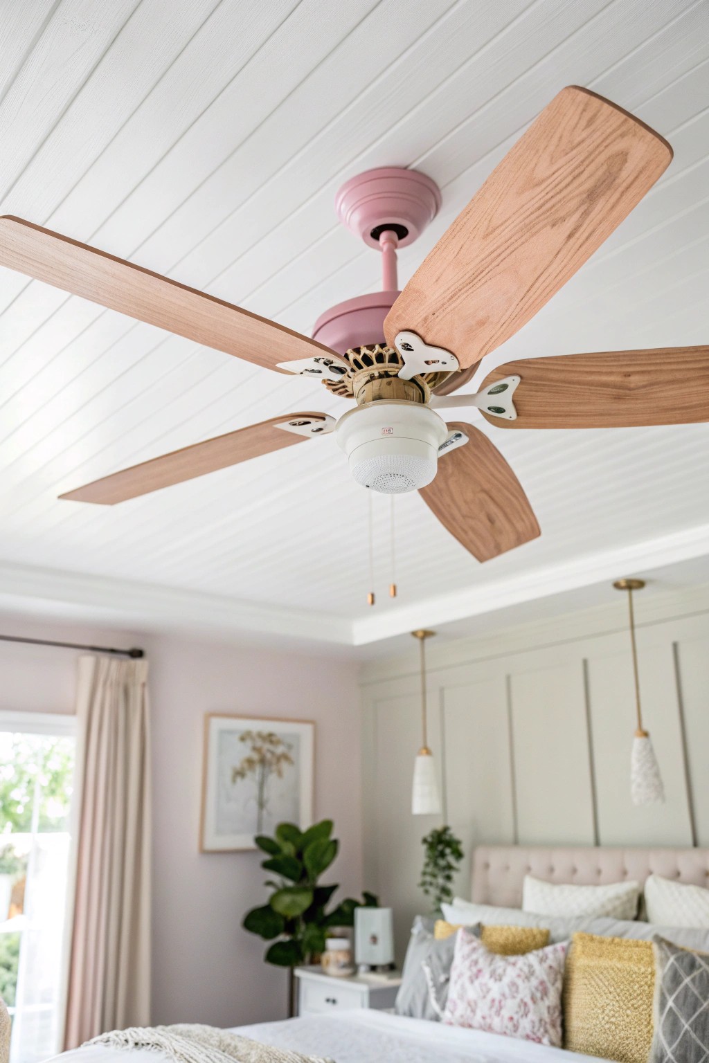 Elevate your bedroom with a charming pink-accented ceiling fan—where simplicity meets playful elegance.