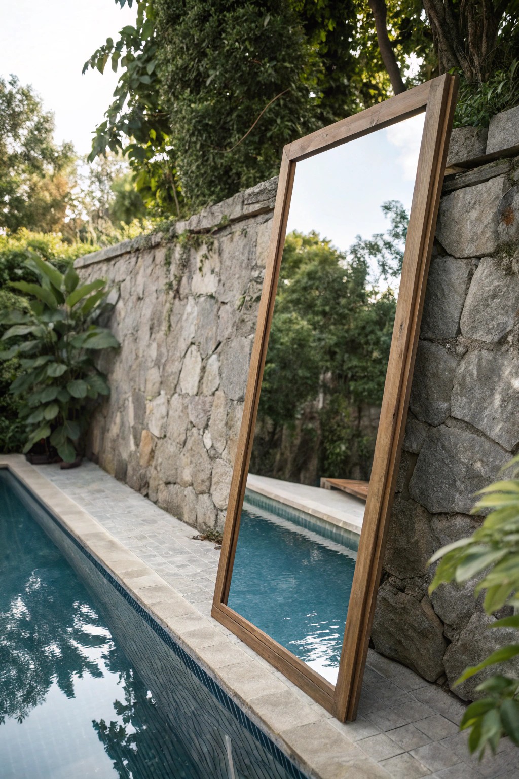Create stunning illusion and depth with a beautifully framed outdoor mirror by your pool.
