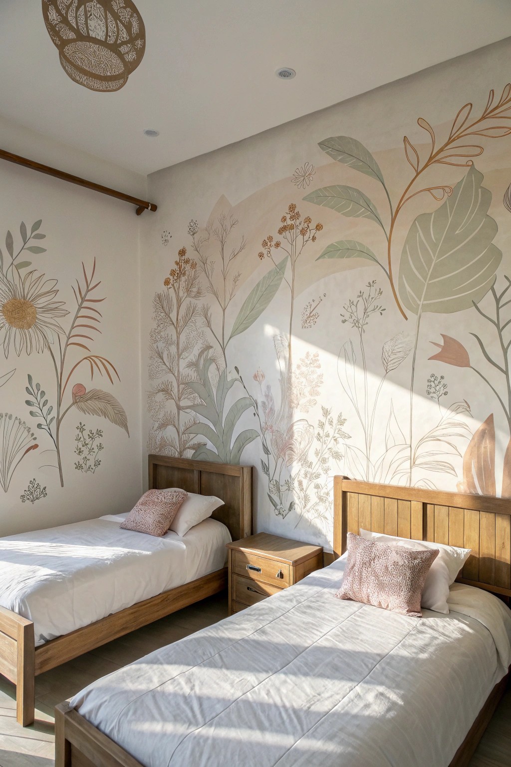 Unify your shared space with a stunning hand-painted mural—artful simplicity for small bedrooms.