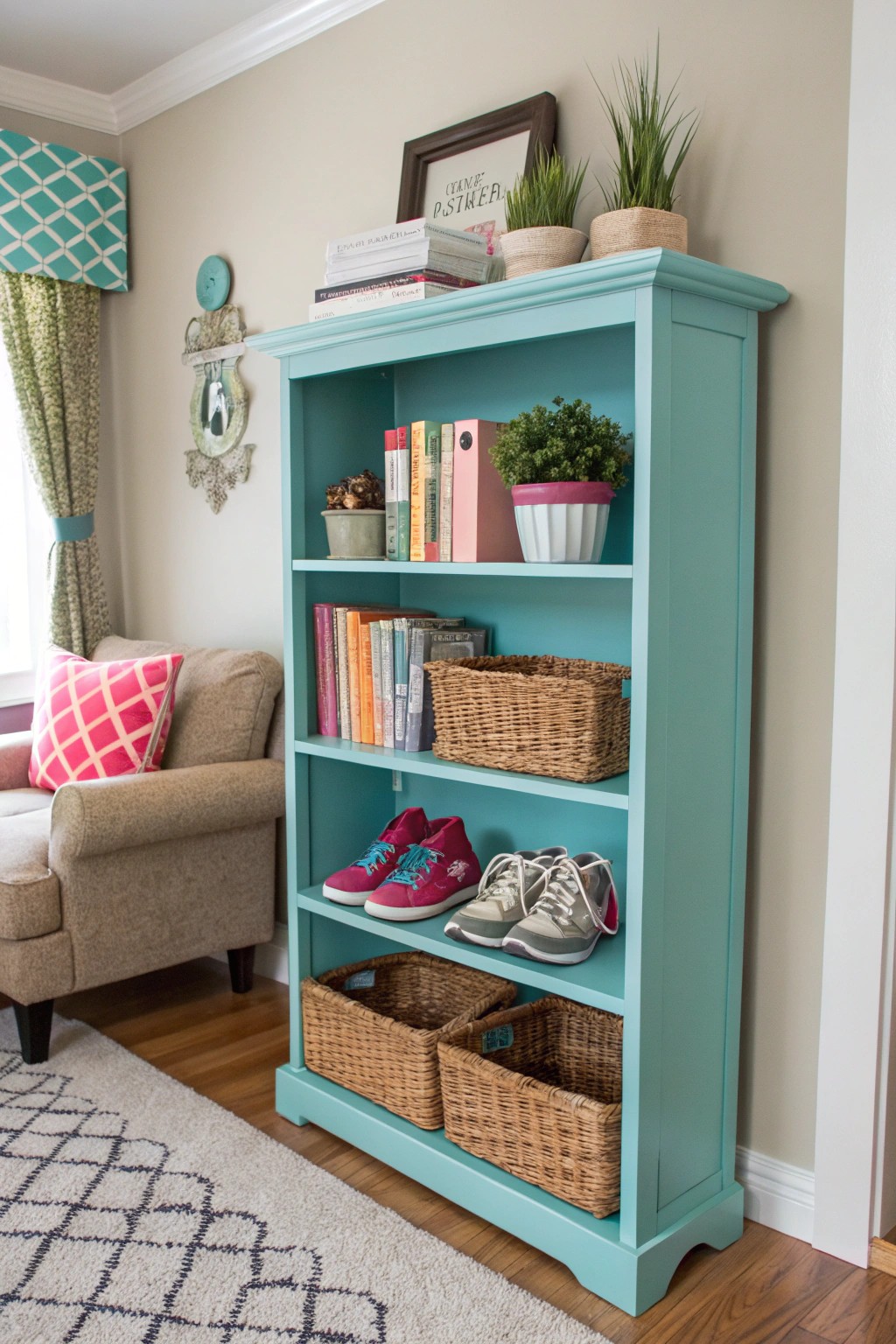 A painted bookshelf doubles as a charming shoe rack on a budget.