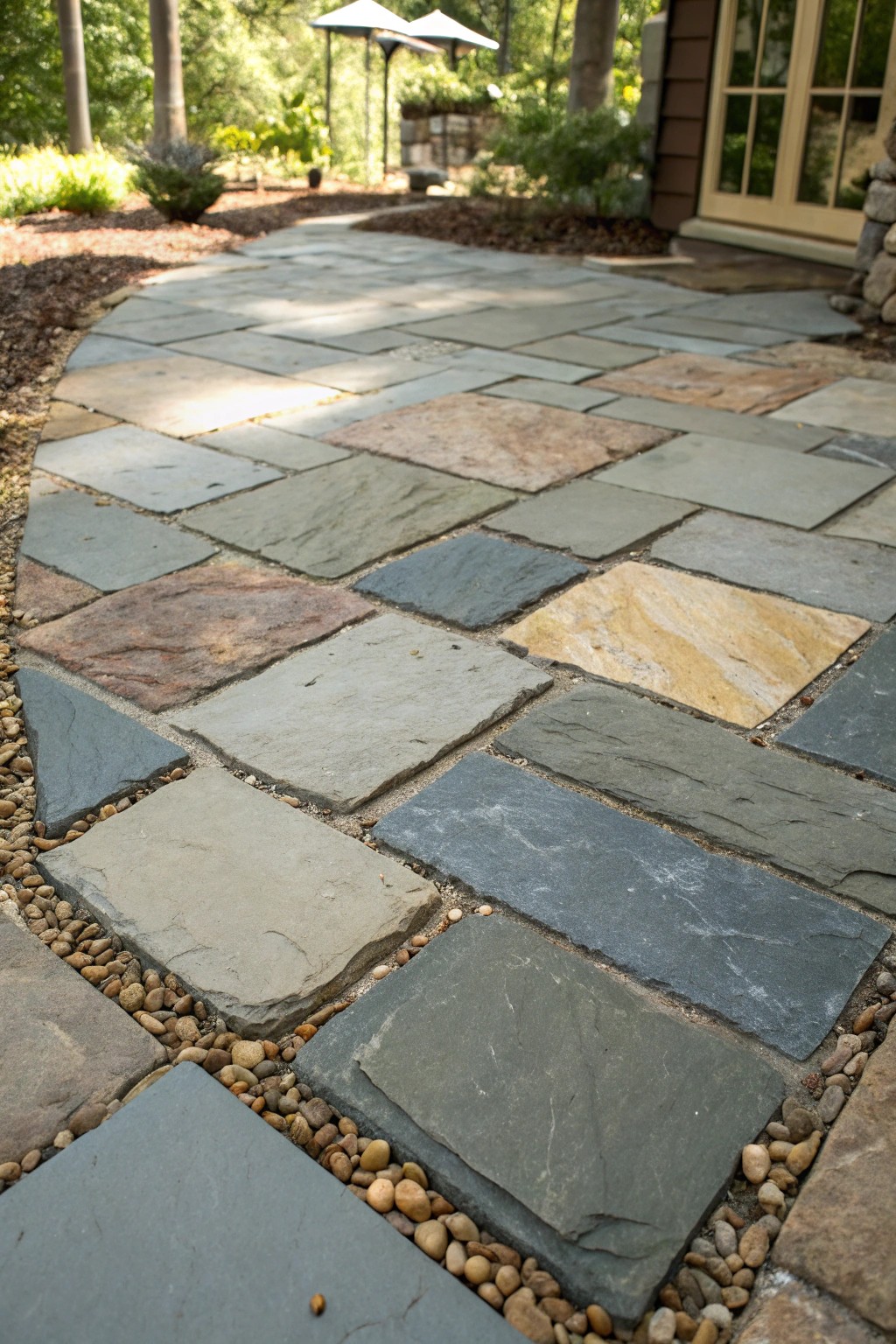 A stunning patchwork patio: blending beautiful stones for natural charm.