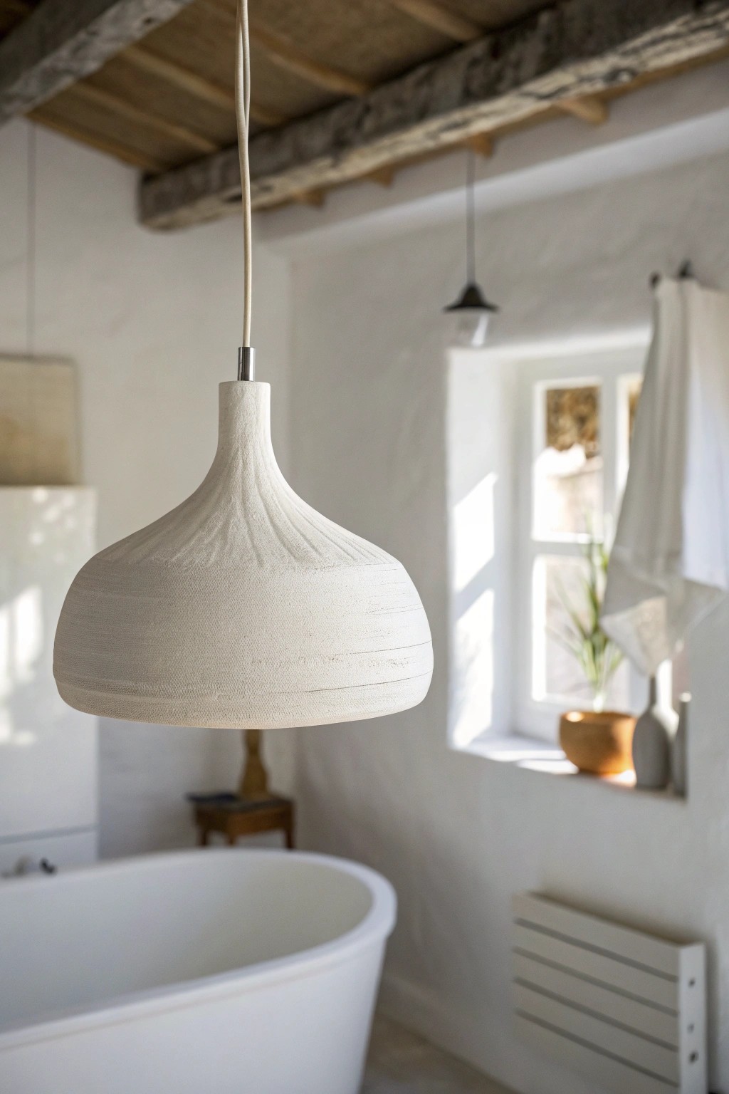 Elevate your white bathroom with a statement sculptural pendant light.
