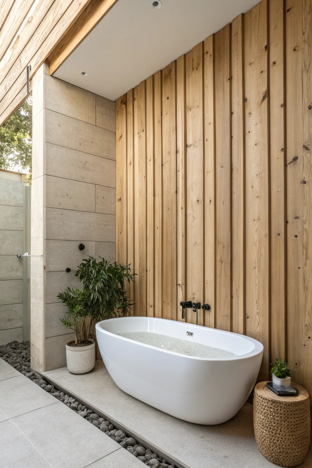 Transform your bathroom into a spa retreat with a striking wood accent wall.