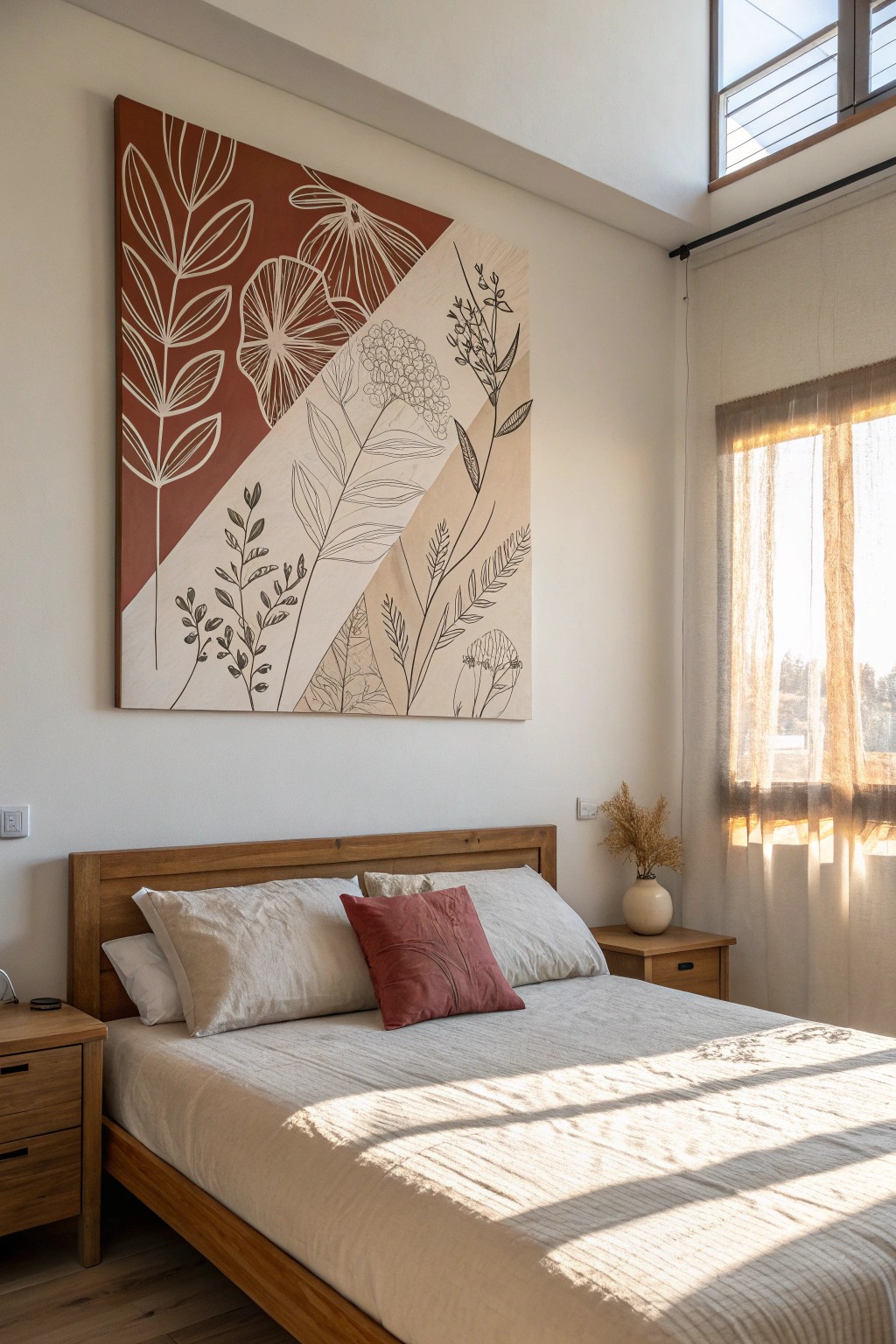 Let bold, handcrafted wall art define your serene bedroom sanctuary.