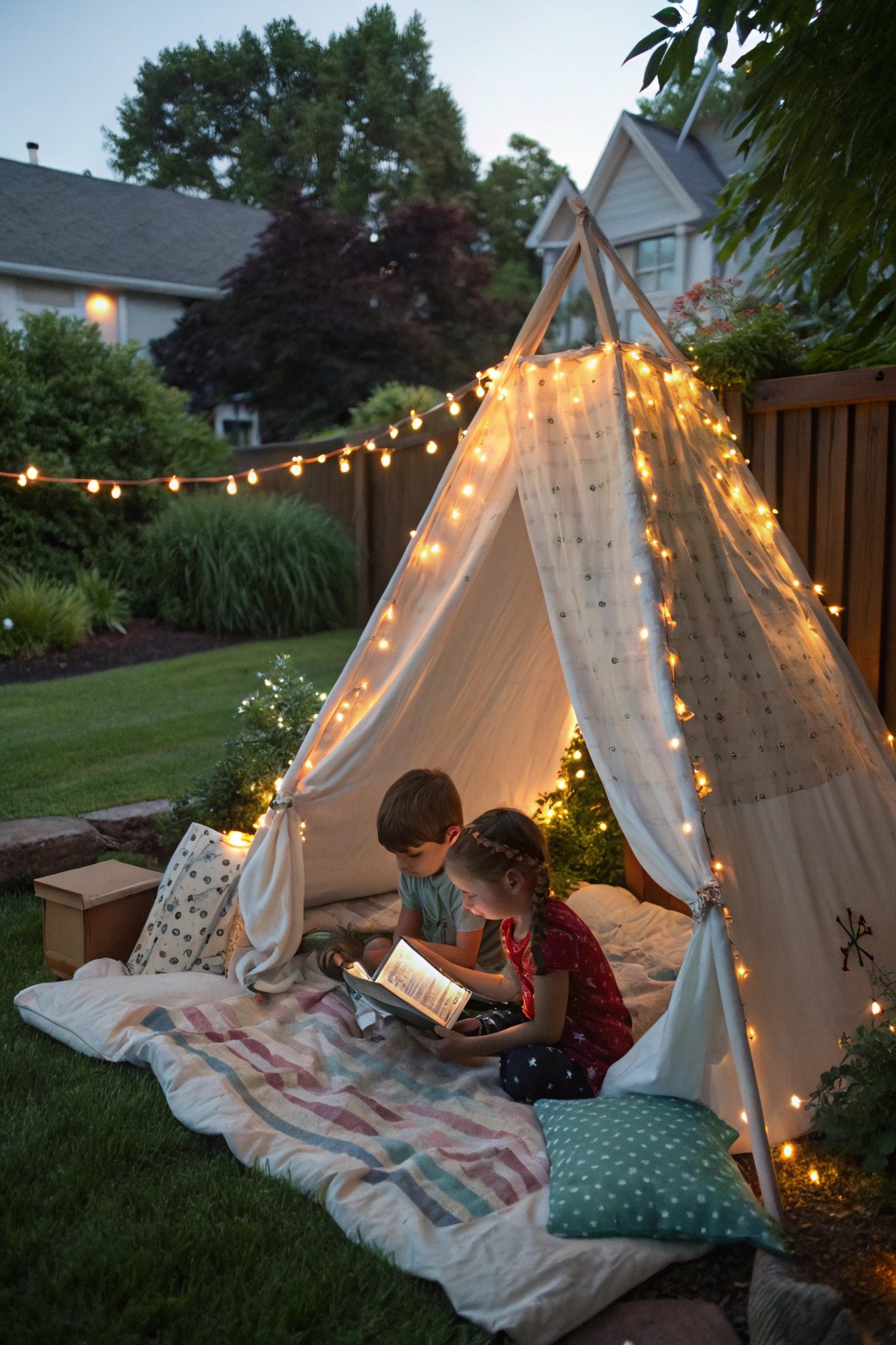 A twinkling light fort invites storytelling and nighttime adventures.