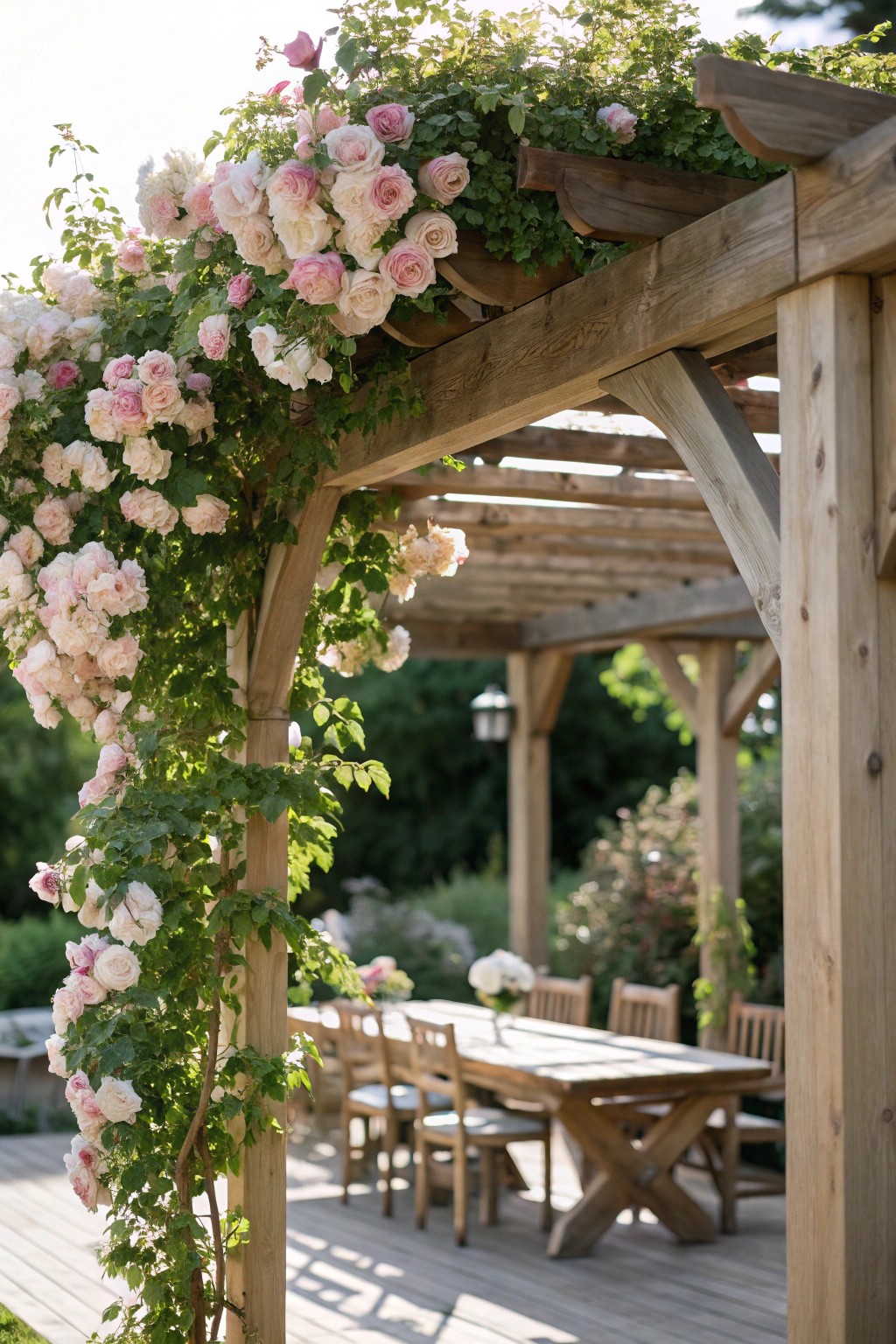 Create a private backyard retreat with a rose-draped pergola.