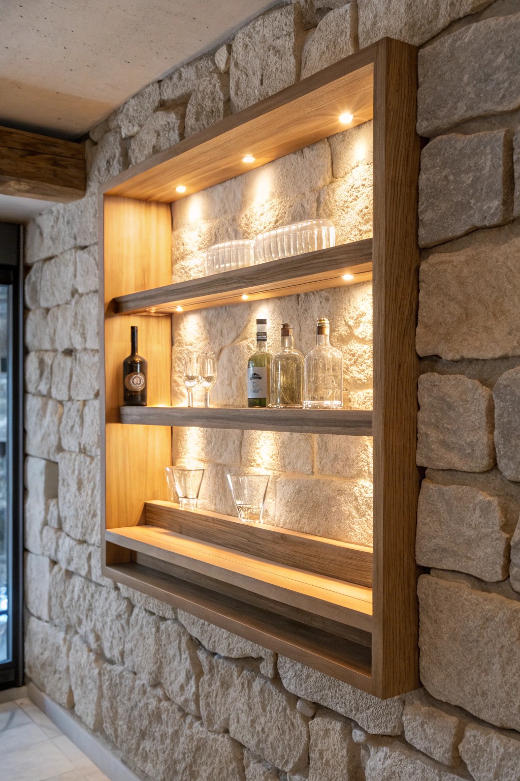 Transform your bar with layered LED shelf lighting—where glassware glows like art.