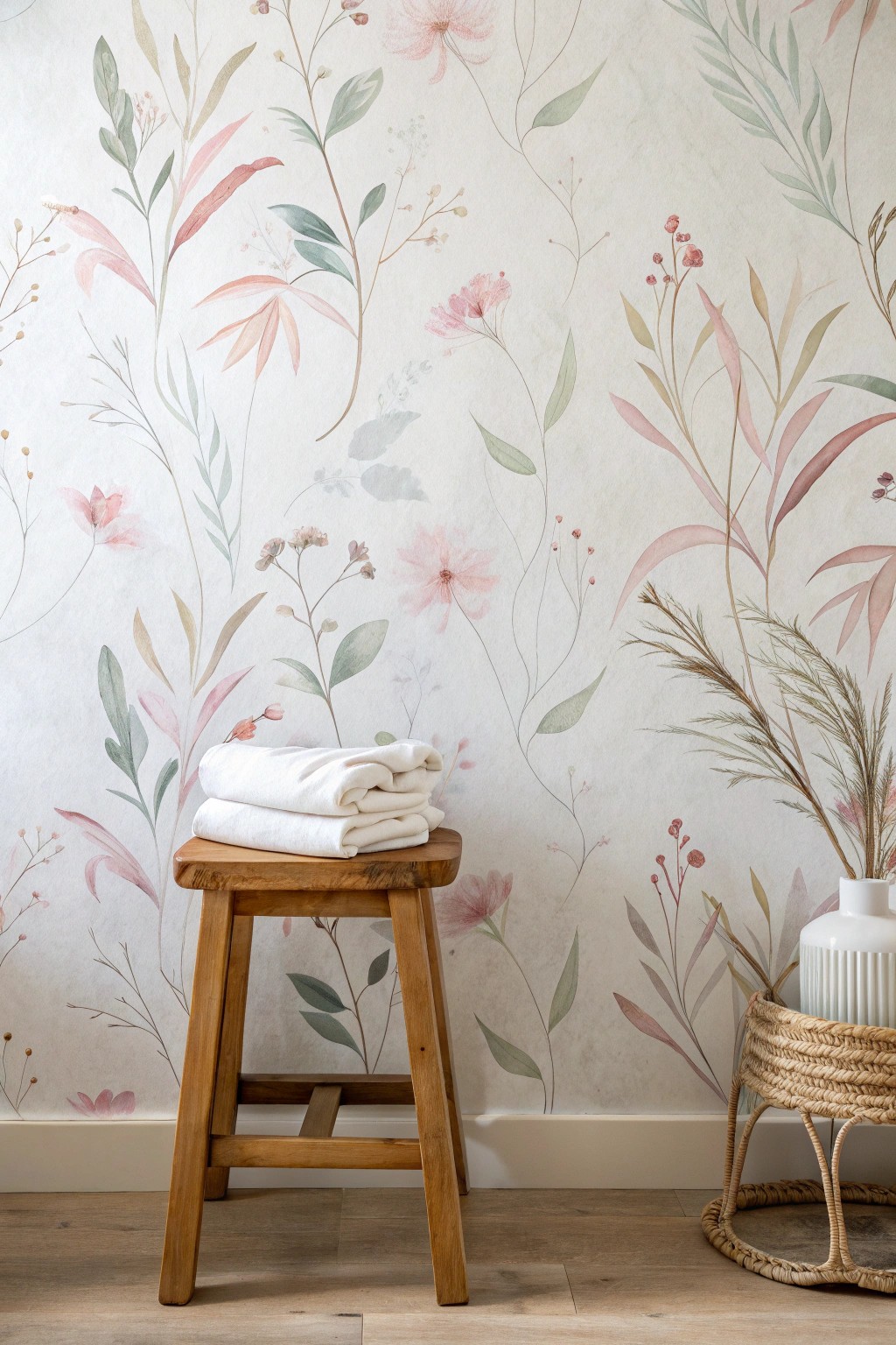 Transform your bathroom into a serene retreat with soft watercolor wallpaper.