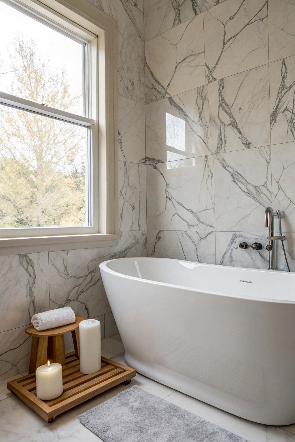 Elevate your bath with the timeless elegance of marble-effect tiles.