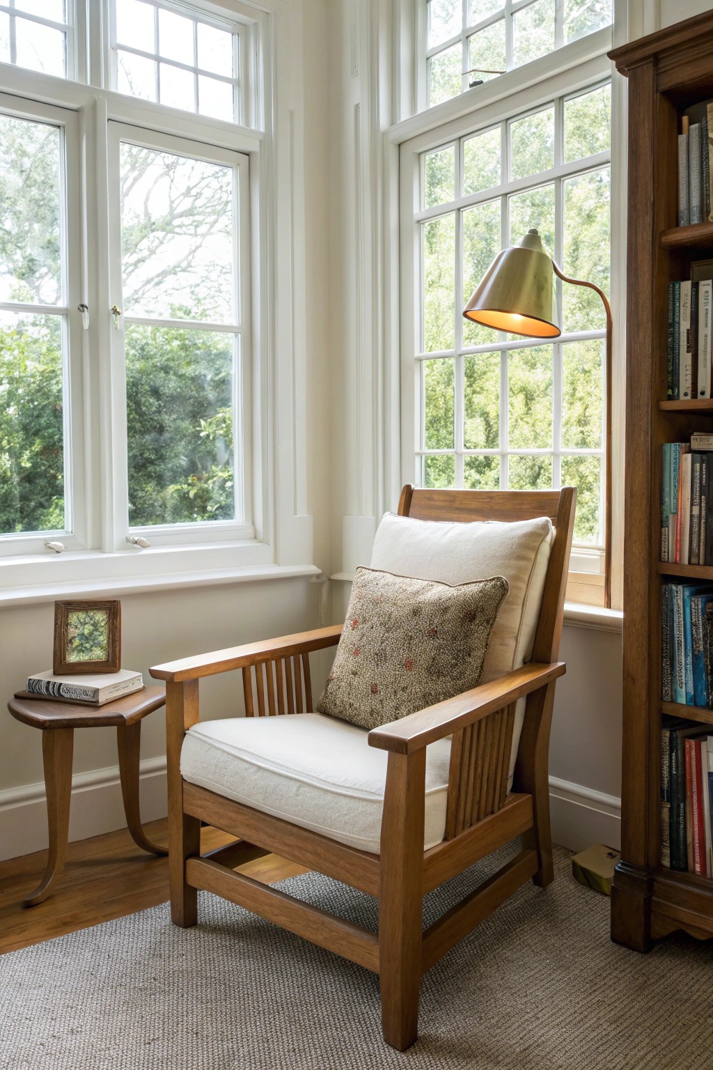 A serene bay window reading nook—where simplicity meets natural beauty.