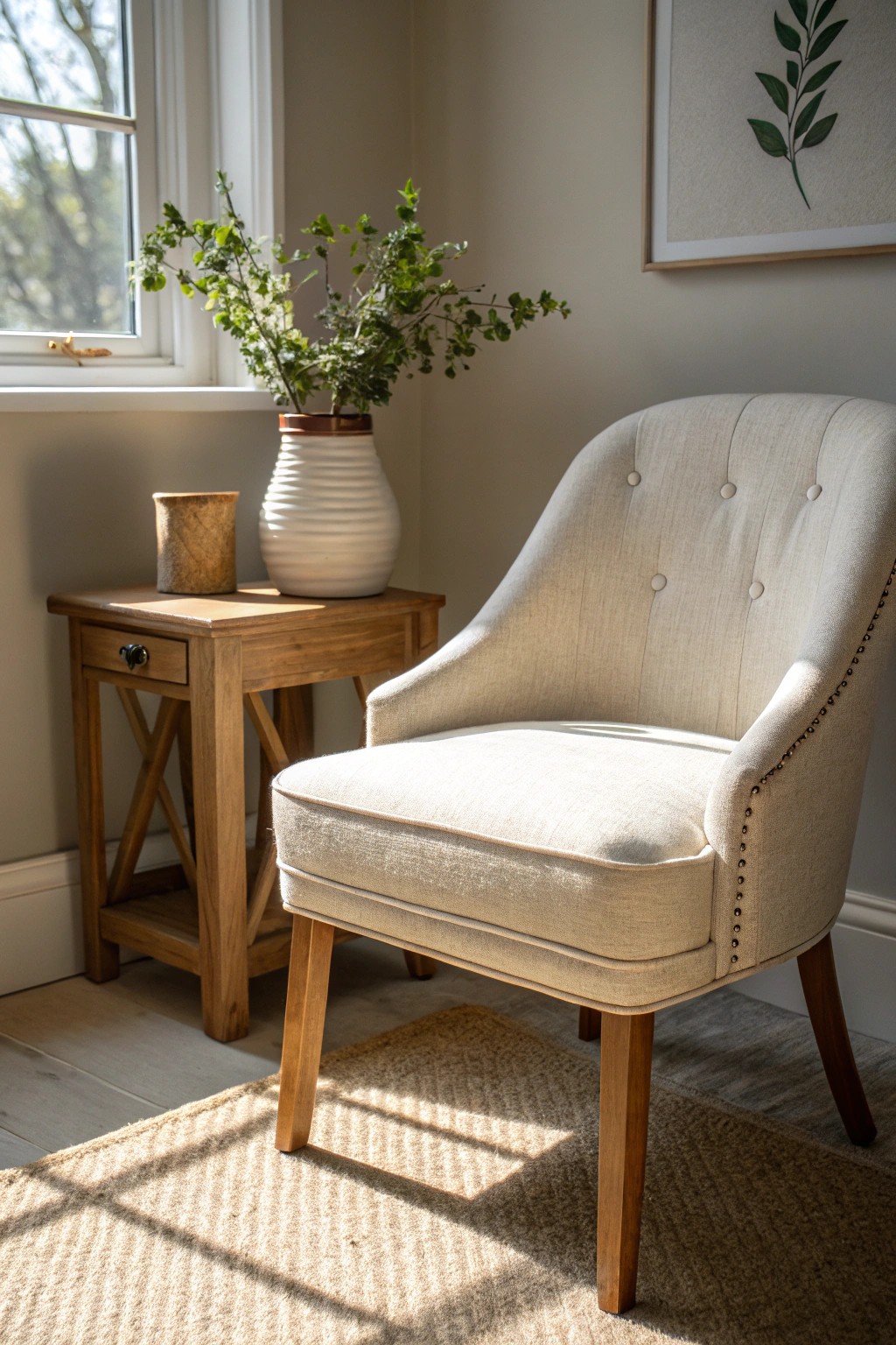 Cozy reading nook: natural light, timeless chair, simple serenity.