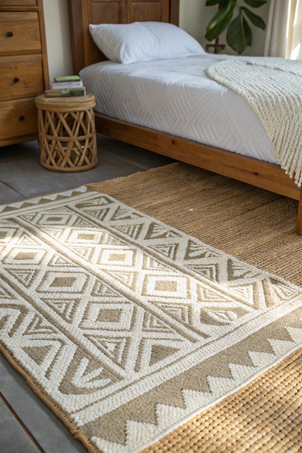 Layered rugs: effortless depth and natural texture for your bedroom sanctuary.