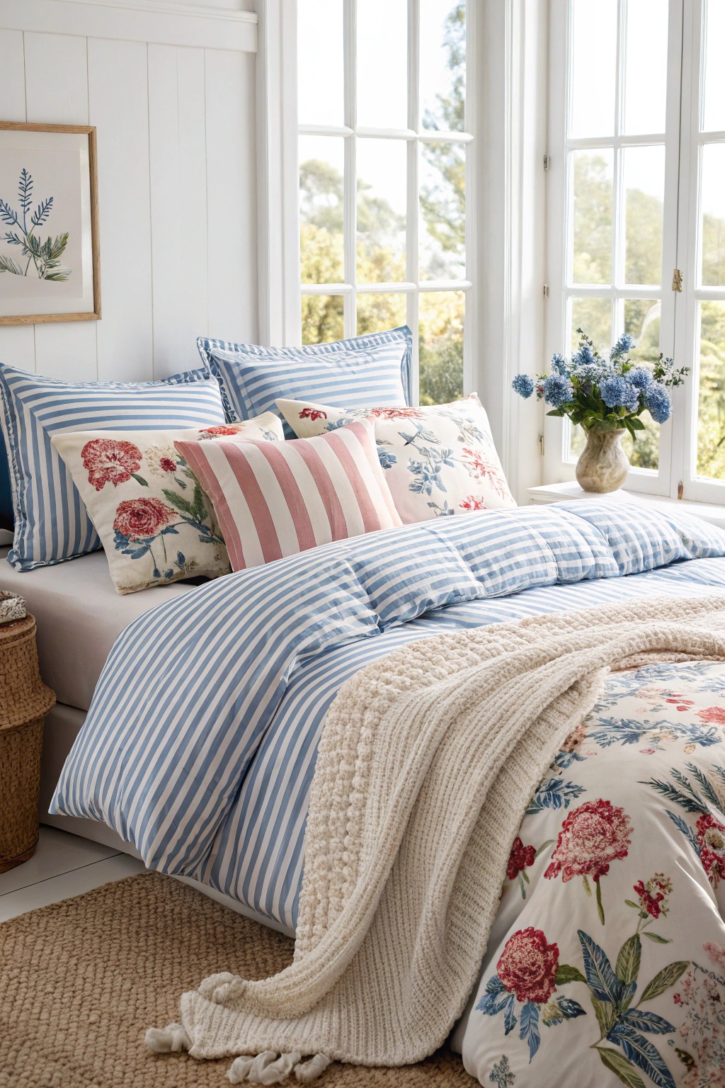 Blue and white patterns on bedding create a timeless, cheerful look.