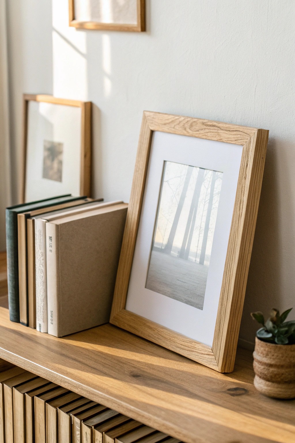 Layer art with books for a sophisticated, personal bookshelf touch.