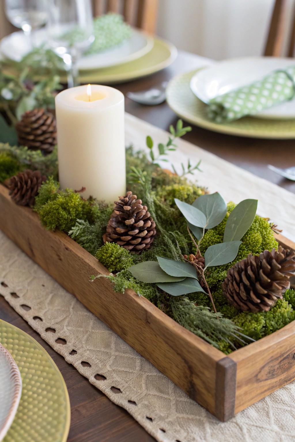 Rustic woods and greenery create a relaxed, natural centerpiece with effortless appeal.