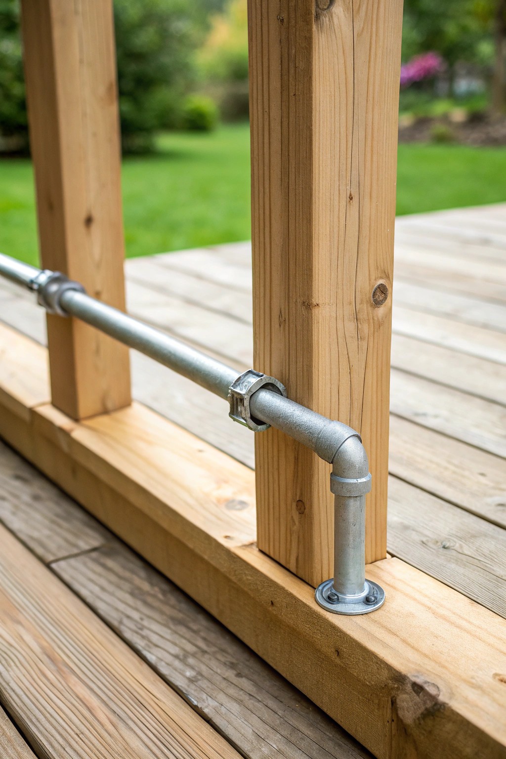 Industrial chic: affordable metal conduit pipe railing meets natural wood elegance.