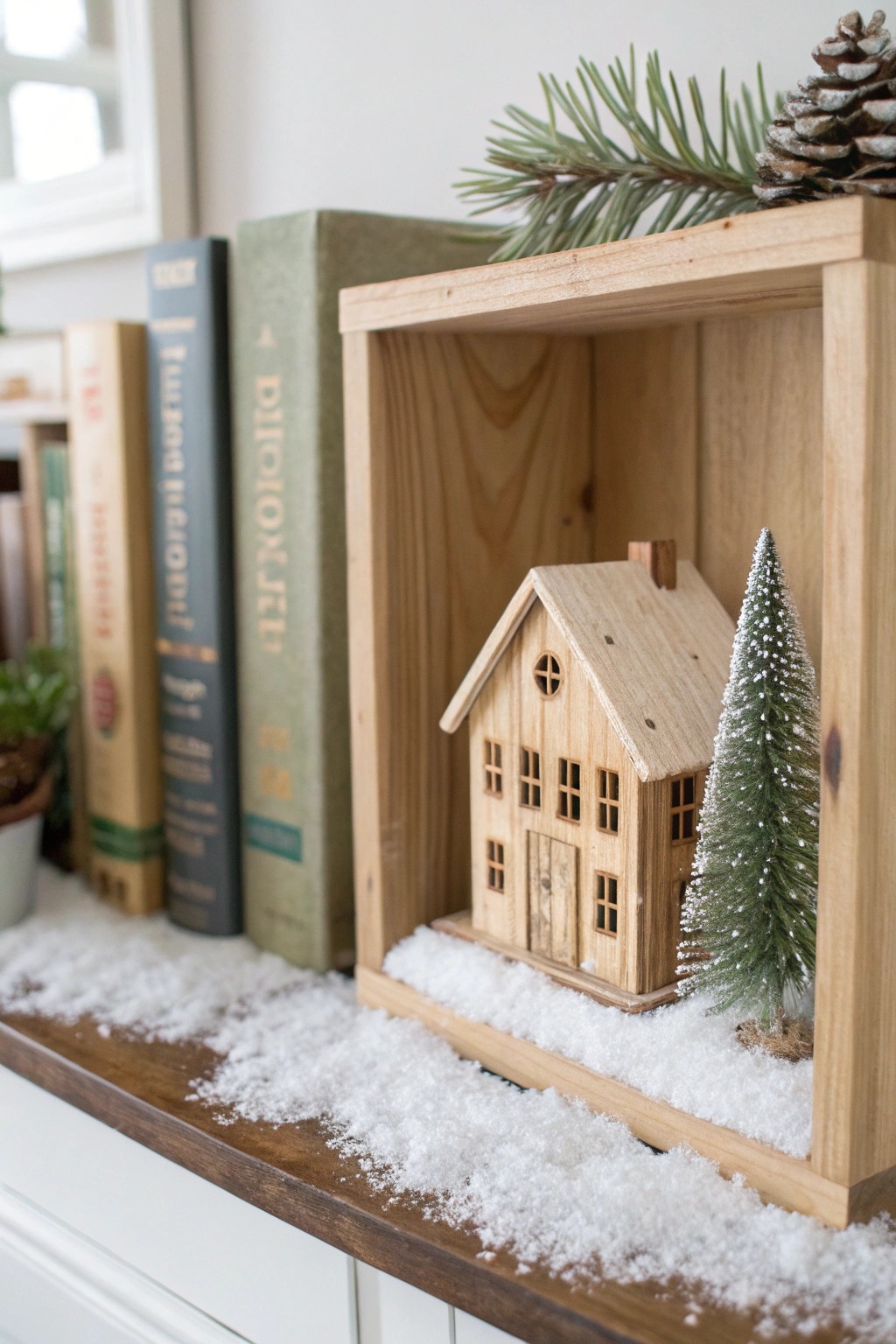 A cozy Christmas village vignette nestled on a bookshelf cubby—simple, natural, and full of handmade charm.