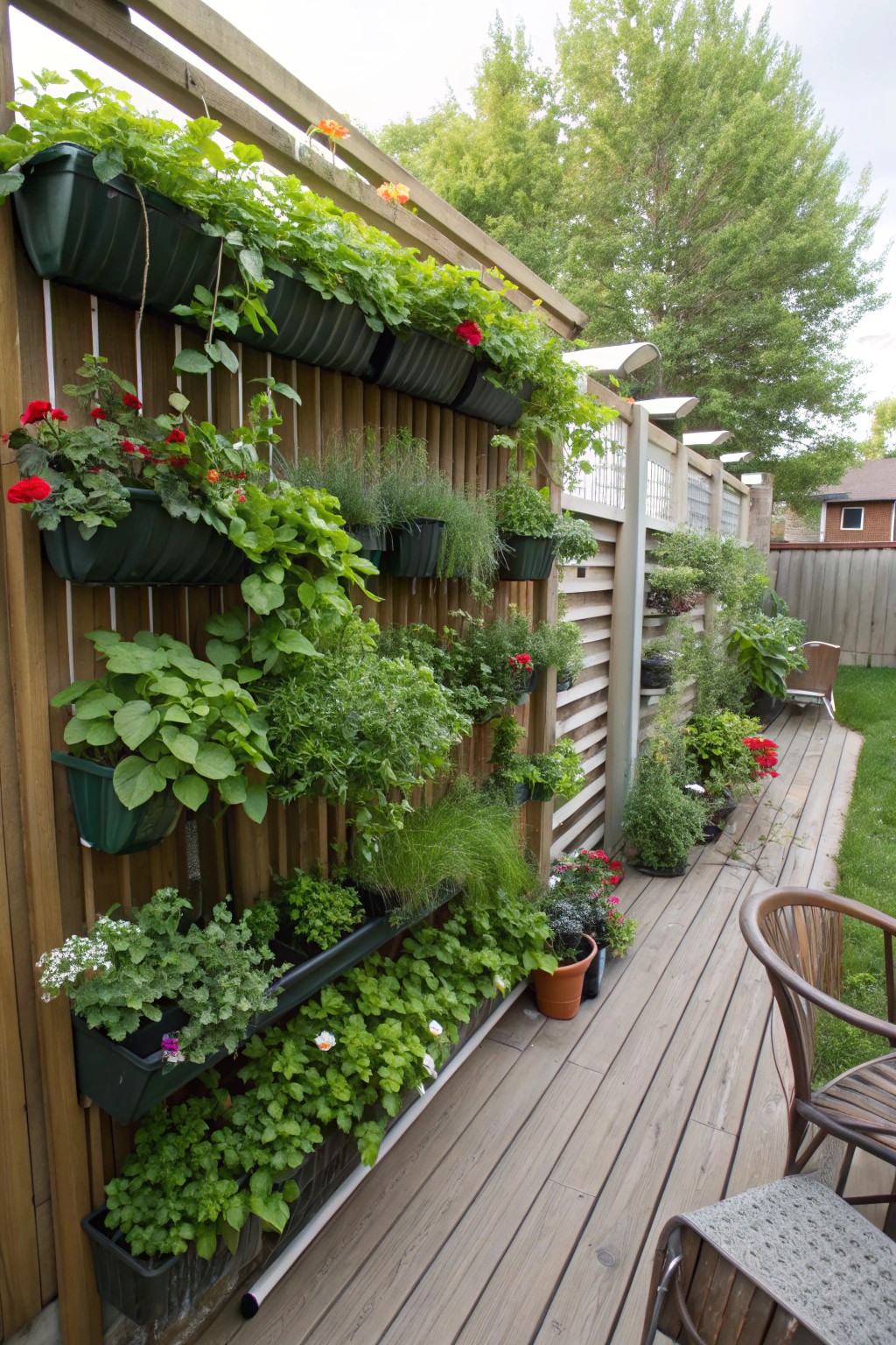 A vibrant vertical garden brings color and life to any backyard wall or fence.