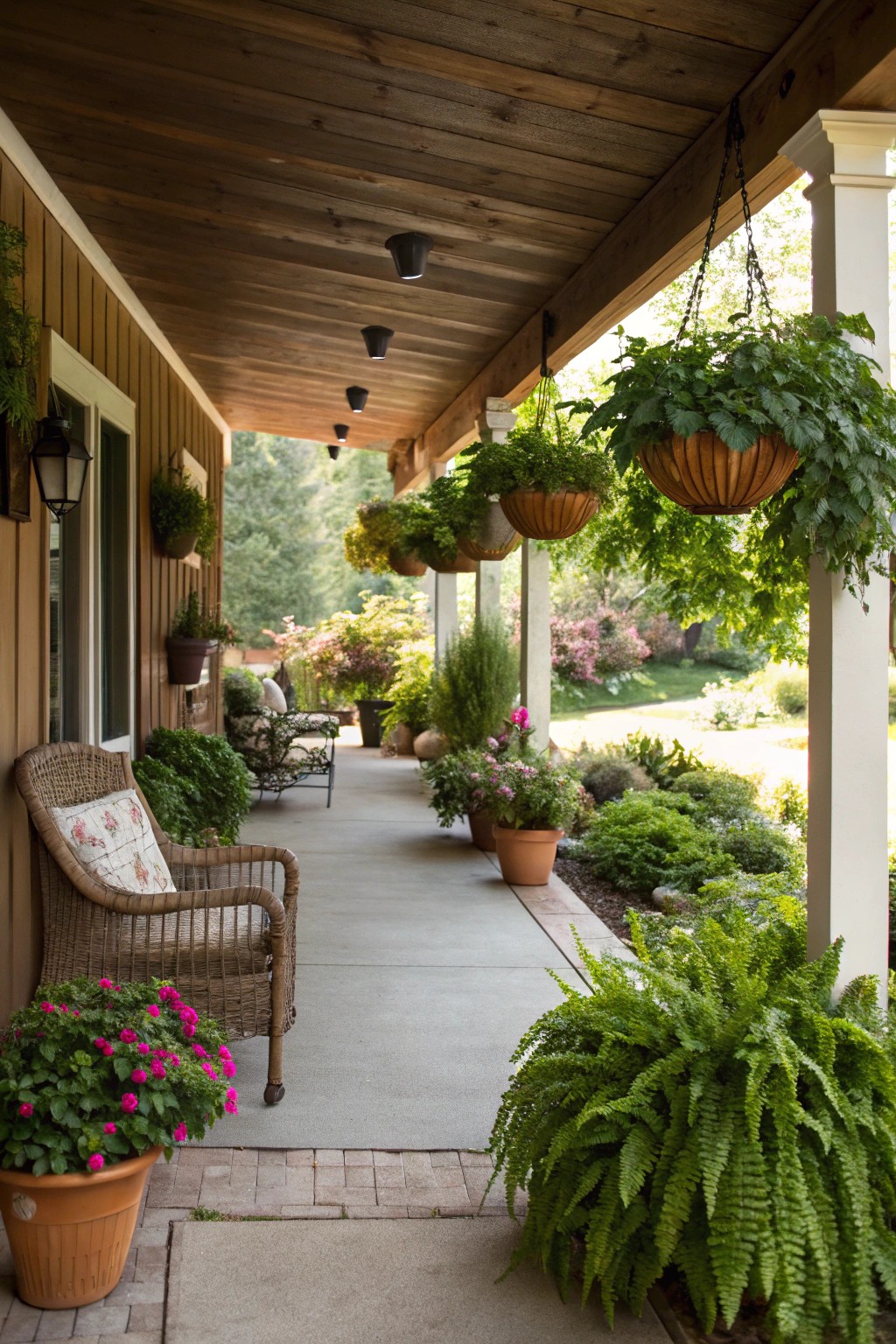 Lush potted plants on a covered porch create a fresh, vibrant atmosphere.