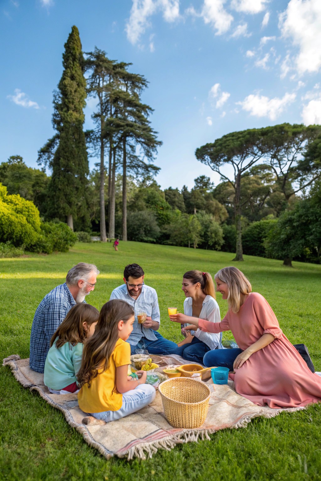 A joyful picnic scene with a large family enjoying the outdoors.
