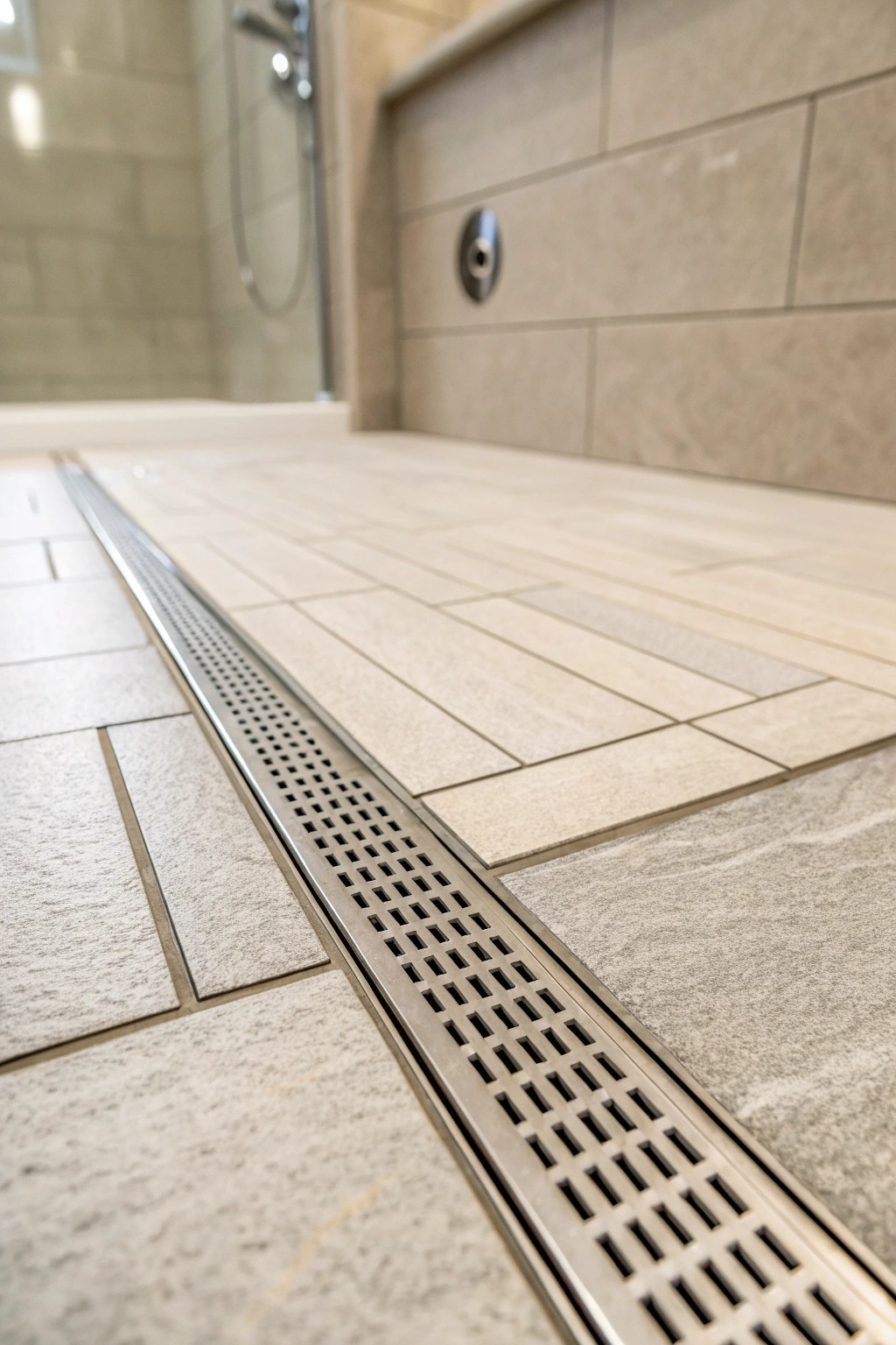 A discreet linear drain blends flawlessly into the curbless shower floor.