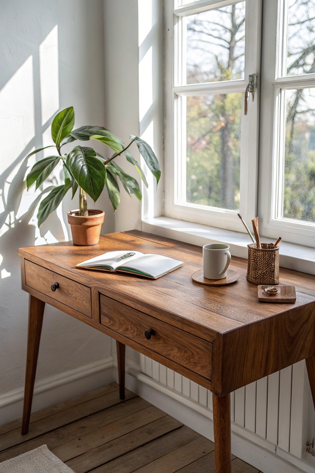 A serene corner desk oasis—where natural craftsmanship meets minimalist style.