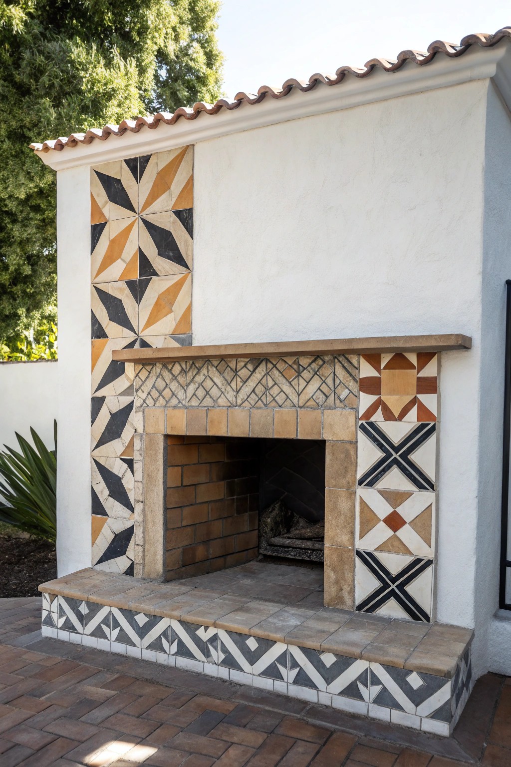 Modern artistry: a fireplace wrapped in statement geometric tile.