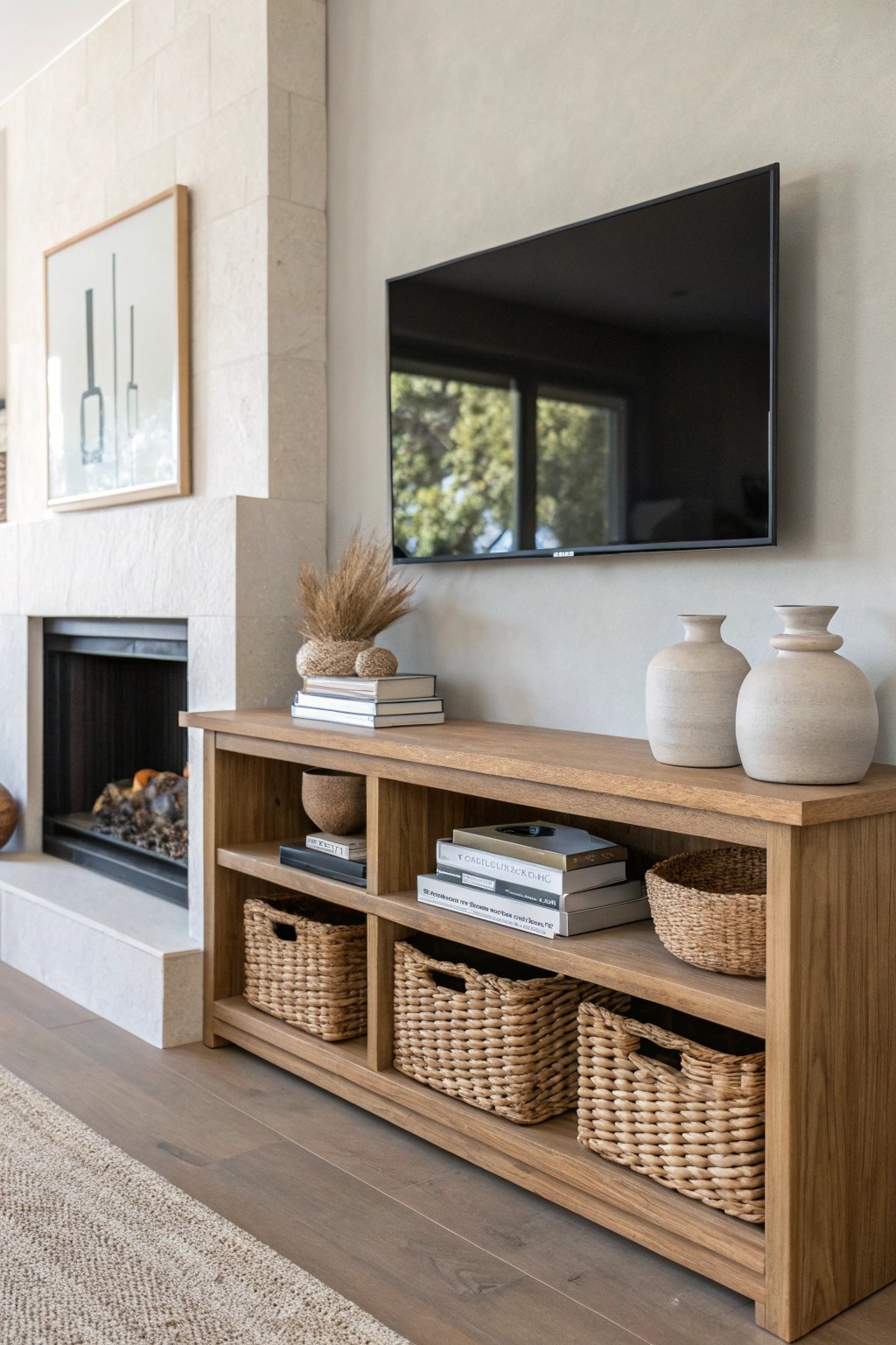 Simple built-in shelves bring warmth and style to your fireplace wall.