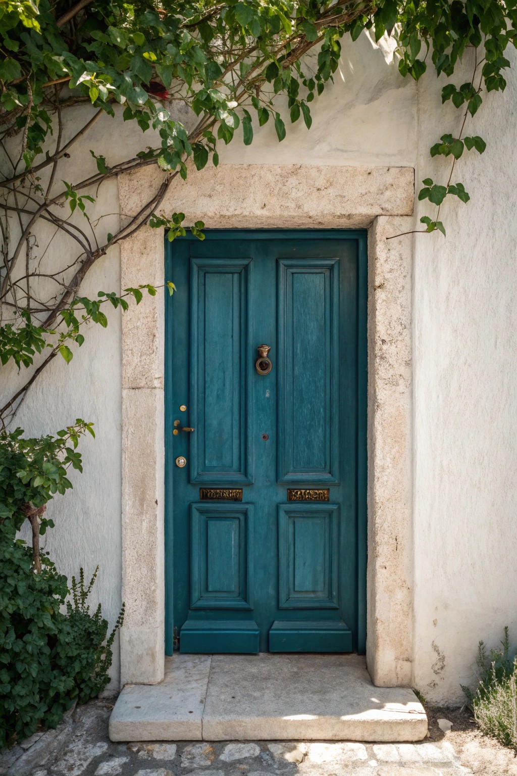 Make an entrance with a bold, artisan-crafted teal door—simplicity meets striking style.