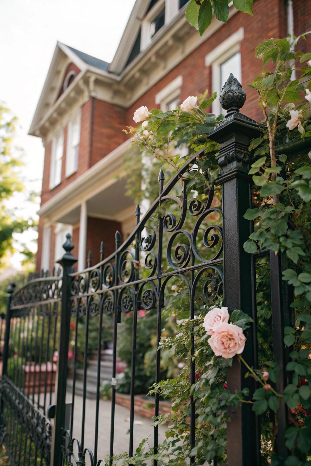 Timeless elegance: a handcrafted wrought iron fence adorned with climbing roses.