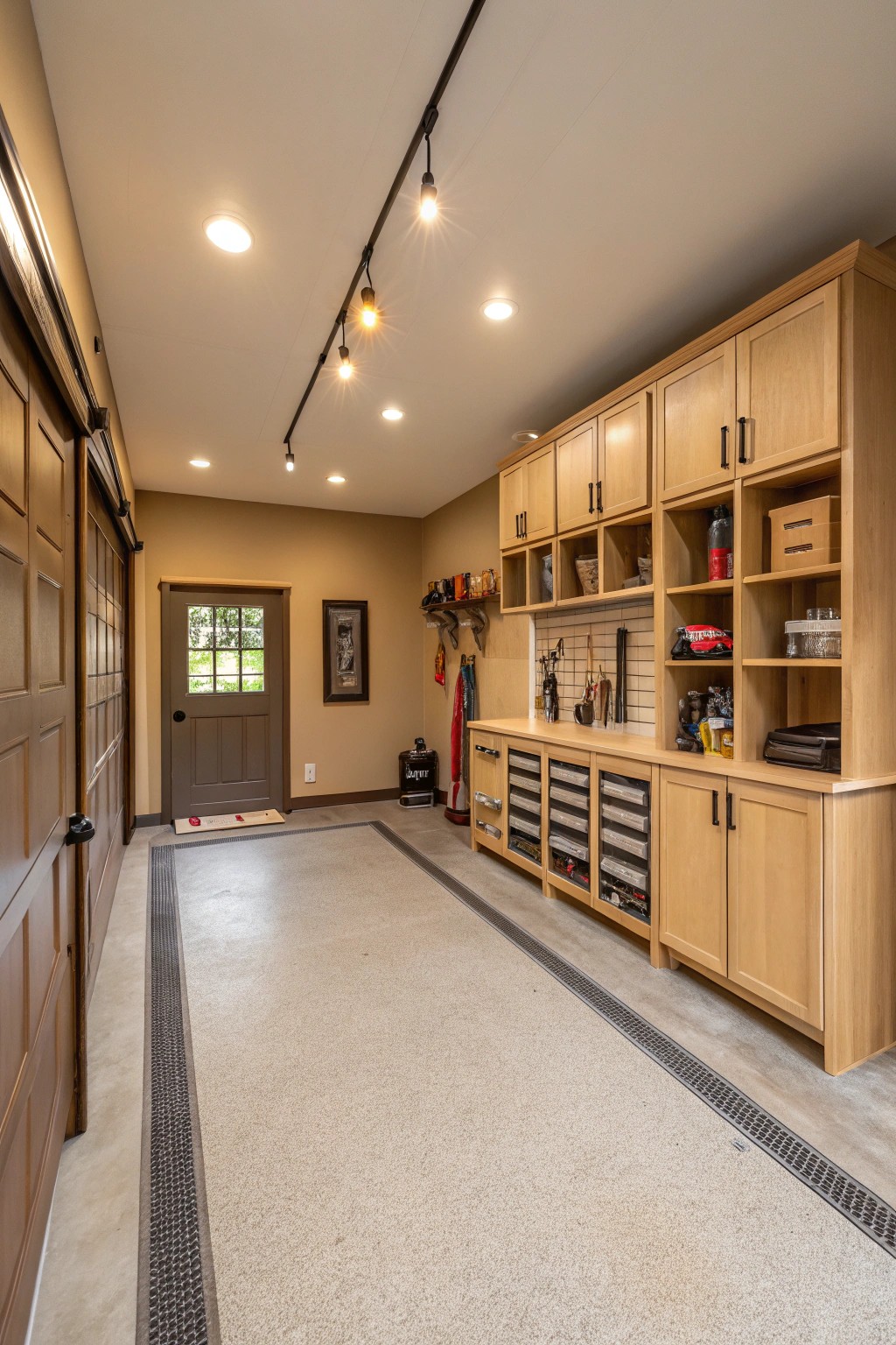 Earthy tan paint makes this garage feel cozy and welcoming.