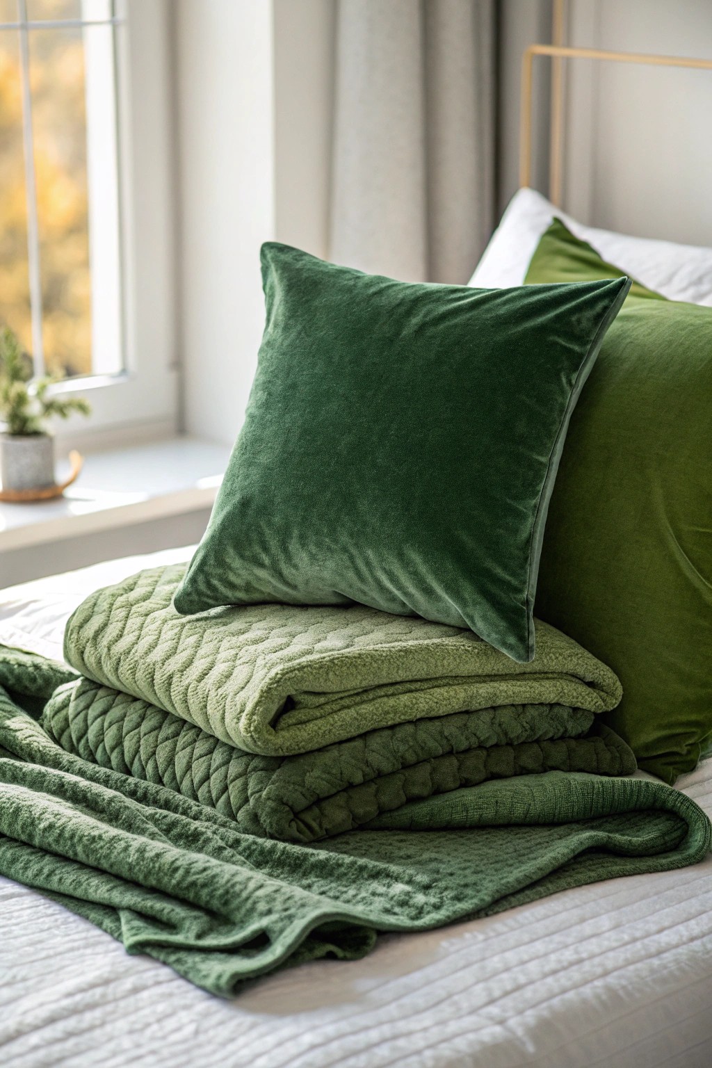 Elevate your bedroom with layered green textures for a cozy, crafted look.