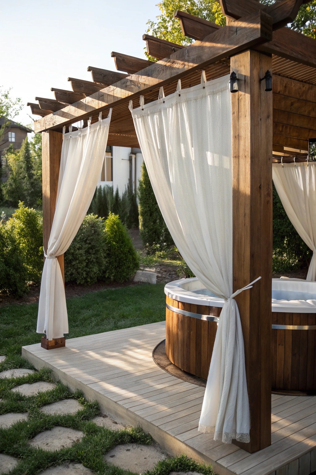 Create a serene escape: a pergola with airy curtains for ultimate hot tub privacy.
